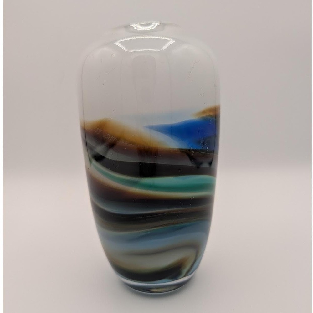 Vintage 1981 Signed R Stephens Studio Art Glass Vase Abstract Landscape Decor 7" - Picture 3 of 12